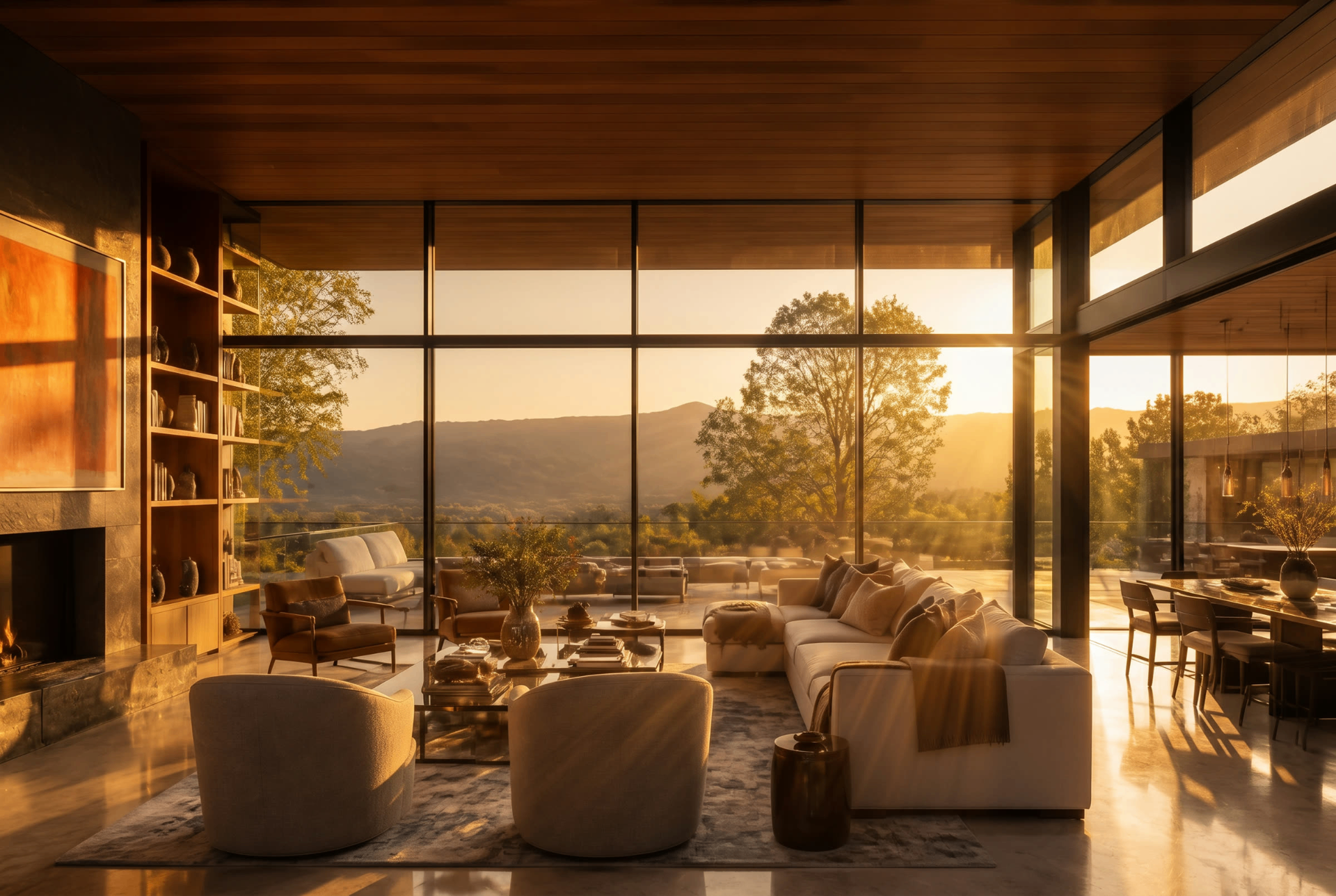 Cinematic golden-hour luxury living room with sweeping valley views
