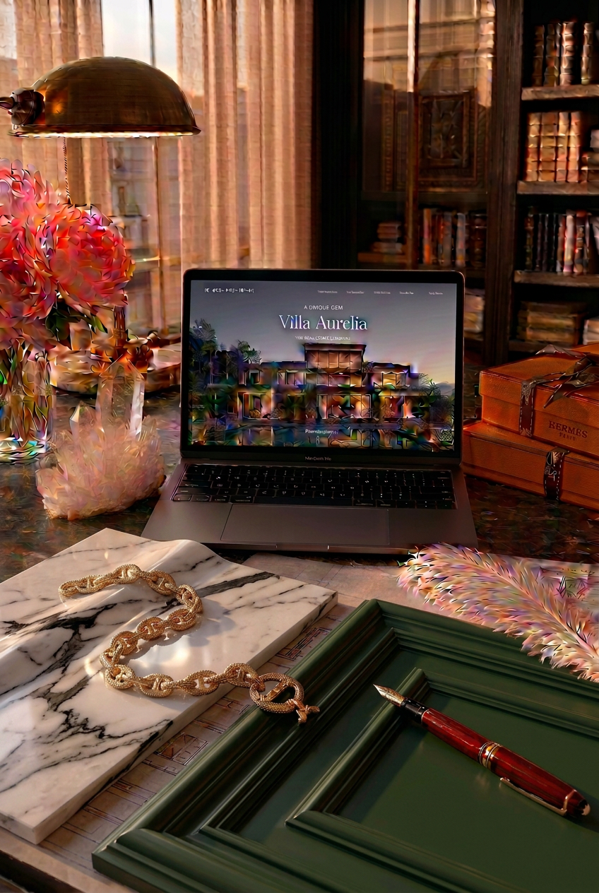 The Sher Joniff Studio desk — a luxury listing on screen beside Hermès boxes and golden afternoon light