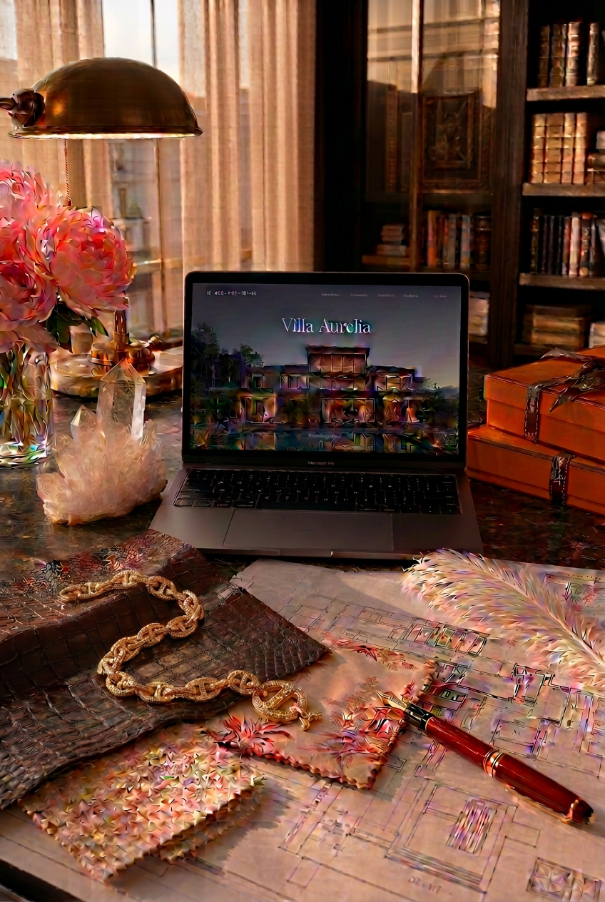 Sher Joniff's design studio — fabric swatches, blueprints, and a luxury listing on-screen